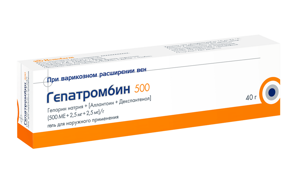 Гепатромбин, 500 МЕ+2.5 мг+2.5 мг/г, гель для наружного применения, 40 г, 1 шт.