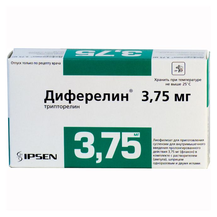 Диферелин, 3.75 мг, лиофилизат для приготовления суспензии для внутримышечного введения пролонгированного действия, в комплекте с растворителем, 1 шт.