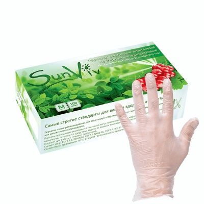 SunViv Перчатки смотровые прозрачные, M, виниловые нестерильные, пара, 1 шт.