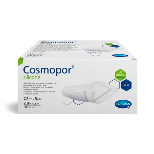 Cosmopor Silicone Повязка впитывающая пластырного типа, 7,2х5см, повязка стерильная, с контактным слоем из силикона, 50 шт.