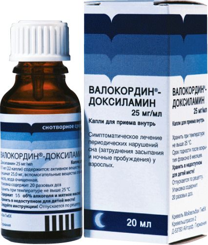 Валокордин-Доксиламин, 25 мг/мл, капли для приема внутрь, 20 мл, 1 шт.