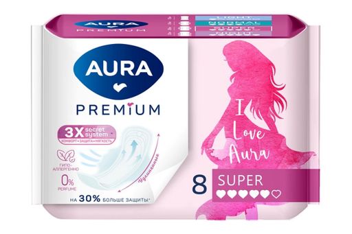 Aura premium прокладки женские гигиенические super, прокладки гигиенические, 5 капель, 8 шт.