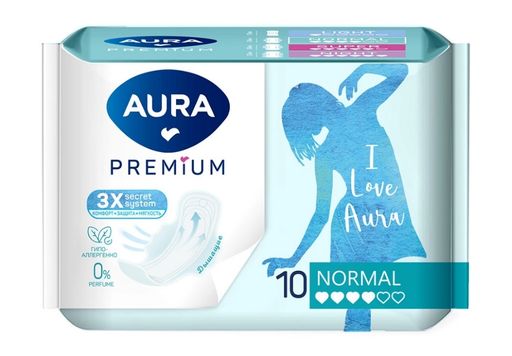 Aura premium прокладки женские гигиенические normal, прокладки гигиенические, 4 капли, 10 шт.