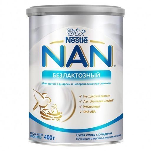 NAN безлактозный, для детей с рождения, смесь молочная сухая, 400 г, 1 шт. цена